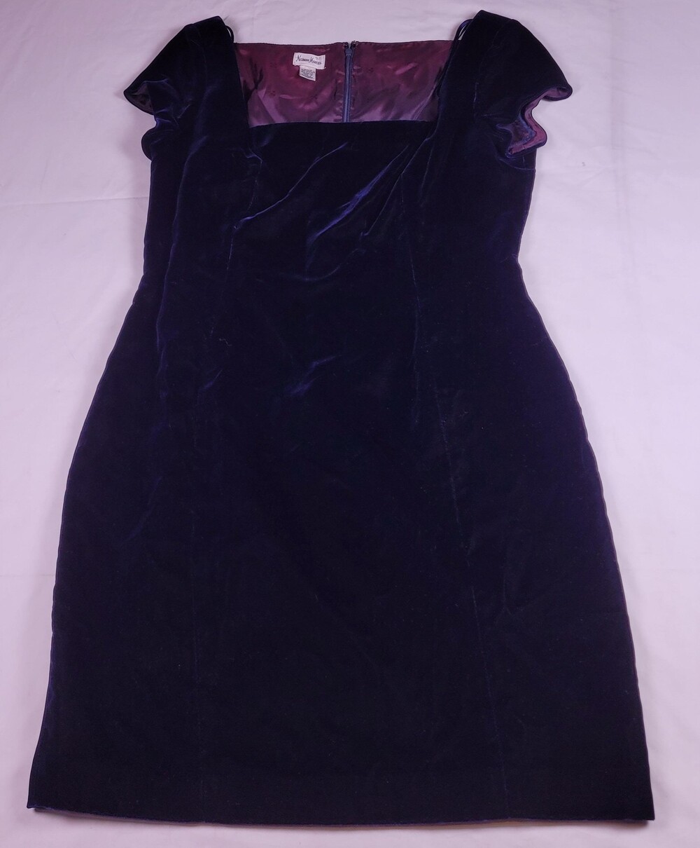 Vtg Neiman Marcus Dress Womens 14 Navy Blue Velvet Sheath Cap Sleeve Lined Zip